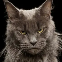 Szary kot Maine Coon z żółtymi oczami, wygląda na bardzo obrażonego. Jego mina mówi wszystko.