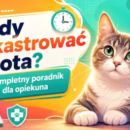 Uroczy kot na tle grafiki z kalendarzem i zegarem. Poradnik "Kiedy wykastrować kota?", by Twój pupil zawsze wracał do domu.