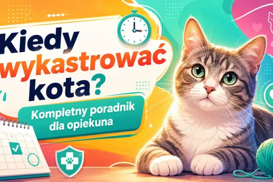 Uroczy kot na tle grafiki z kalendarzem i zegarem. Poradnik "Kiedy wykastrować kota?", by Twój pupil zawsze wracał do domu.