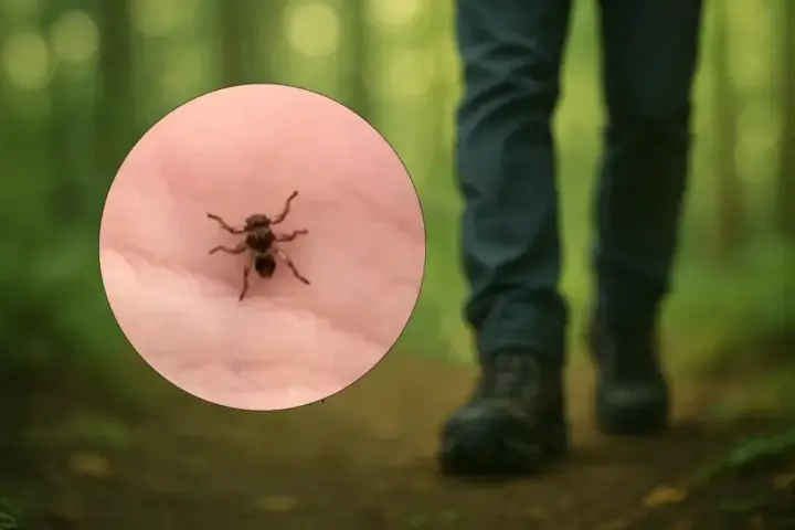 Mały kleszcz sarni na dłoni, podczas spaceru po lesie.
