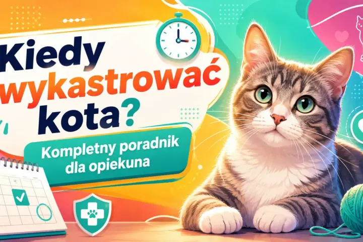 Uroczy kot na tle grafiki z kalendarzem i zegarem. Poradnik "Kiedy wykastrować kota?", by Twój pupil zawsze wracał do domu.